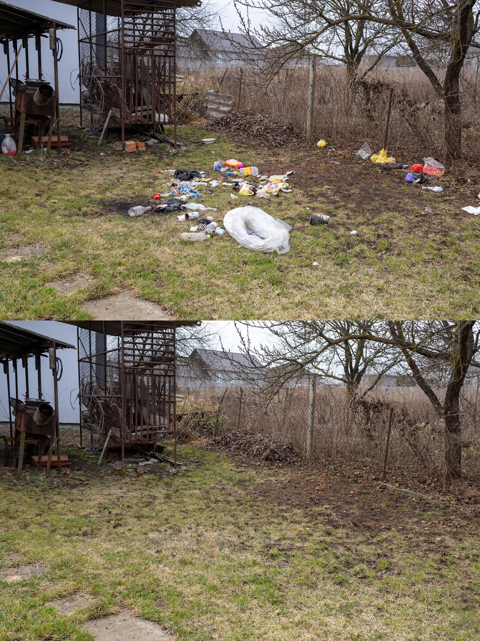 Yard covered in trash and debris before cleanup