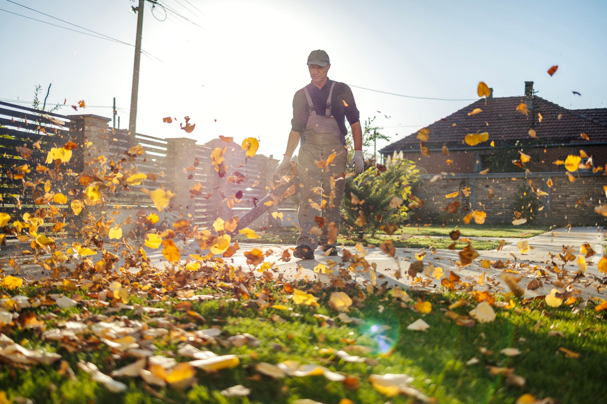 Worker blowing fall leaves off driveway